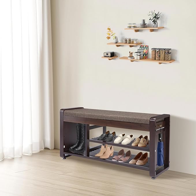 Bamboo Shoe Storage Bench, 3-Tier Shoe Rack with Padded Seat Cushion, Shoe Organizer Shelves for Entryway, Living Room, Bedroom, Hallway, Grey 37.4”