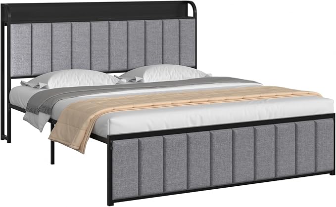 VECELO Bed Frame Full Size with Headboard, Upholstered Platform Bedframe, Heavy Duty Metal Slats, No Box Spring Needed, Easy Assembly, Grey