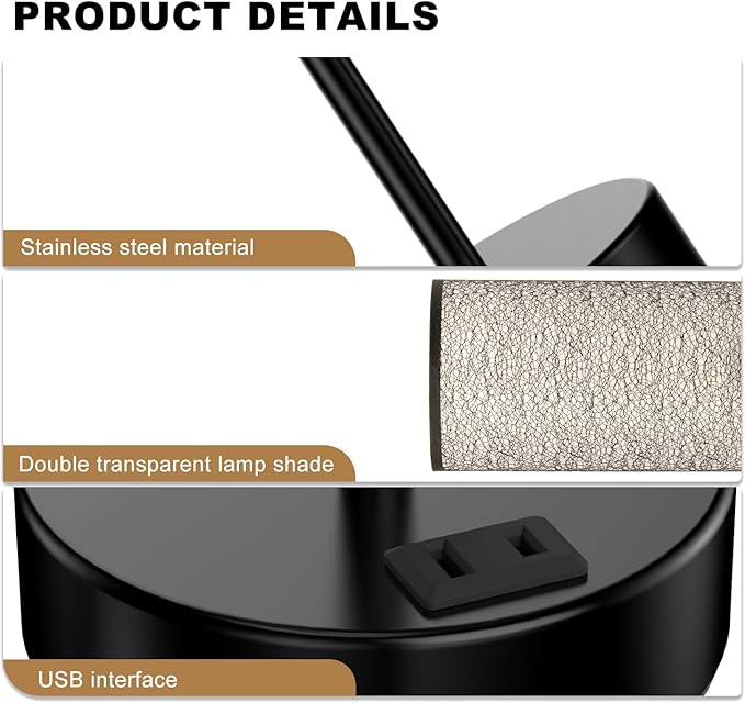 Table Lamp for Bedroom with Touch Control,Bedside Lamp with USB C+A Charging Ports& AC Outlets, Adjustable 3color LED Light for Home Decor/Nightstand/Bedroom/Office,Included Bulb and Fabric Lamp Shade