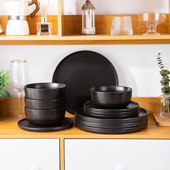 AmorArc Stoneware Dinnerware Sets for 4,Reactive Ceramic Plates and Bowls Set,Highly Chip and Crack Resistant | Dishwasher & Microwave Safe | Round Dishes Set Service for 4 (12pc)