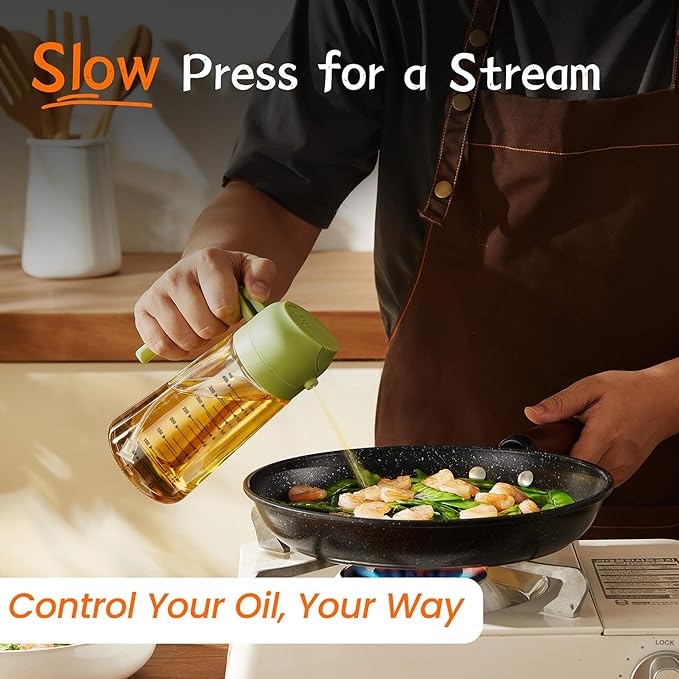 TrendPlain 16oz/470ml Glass Olive Oil Sprayer for Cooking – 2 in 1 Olive Oil Dispenser Bottle for Kitchen Gadgets and Air Fryer Accessories, Salad, BBQ - Black & Green