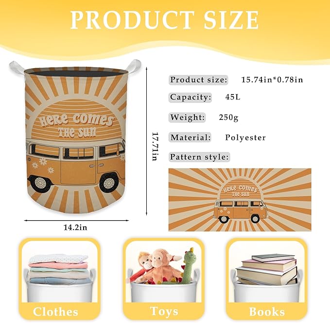 Here Comes the Sun Laundry Basket, 70s Retro Boho Sunshine Waterproof Collapsible Laundry Hamper Dirty Clothes Storage Toy Bin Organizer for Bathroom Bedroom Nursery Kids Room
