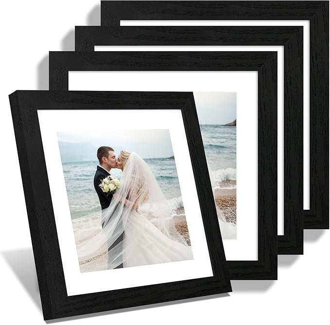 10x10 Picture Frame Set of 4 with HD Glass, Black Frames Display 8x8 Picture with Mat or 10 x 10 Without Mat, Photo Frames for Tabletop Display and Wall Mounting