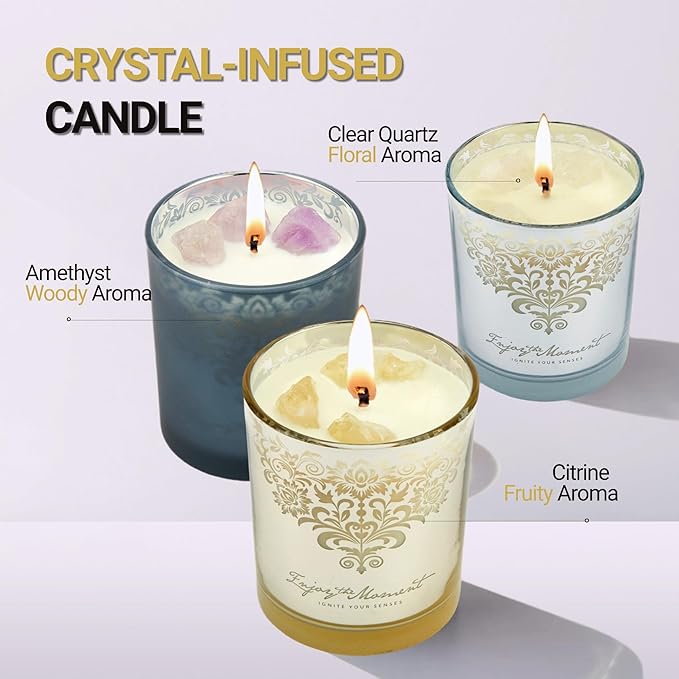 Scented Candle Gift Set – 3 Pack Luxury Crystal Candles with Lid & Wick Trimmer, Soy & Beeswax with CPL Oils | Relaxation, Meditation, Self-Care Gift for Women, Home Décor