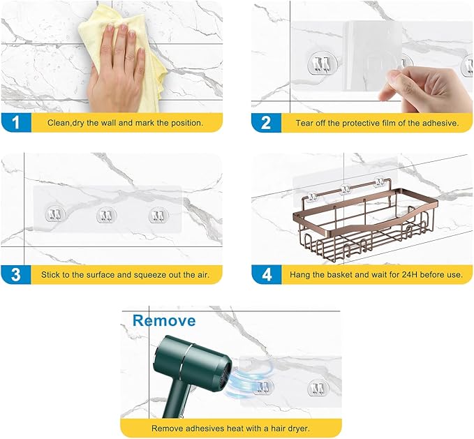 Adhesive Shower Caddy, No Drilling Bath Organizers 5 Pack, Rustproof Shelves with Soap Holder & Toothbrush Holder, Bathroom Organizers and Storage, Bronze