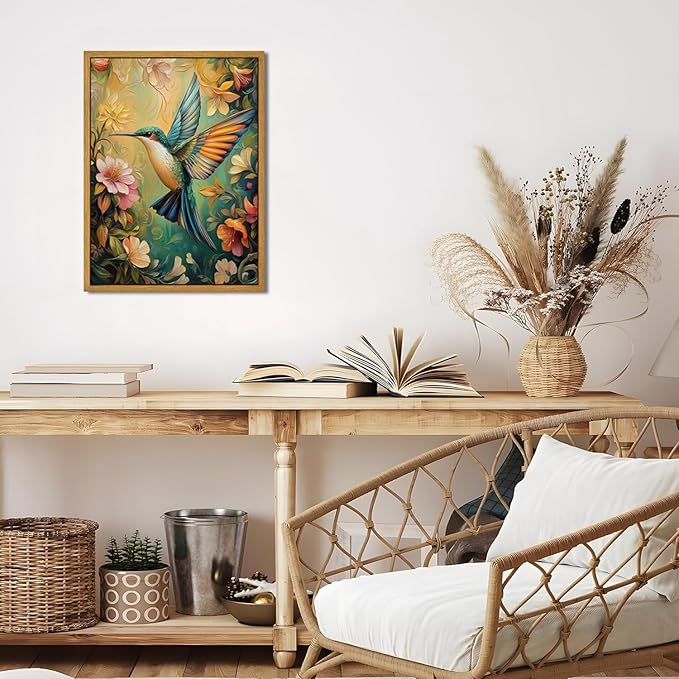 Djmwtb William Morris Vintage Framed Wall Art Floral Bird Canvas Wall Art Prints Flower Hummingbird Pictures Nature Painting Colorful Botanical Artwork for Bedroom Living Room 12x16in