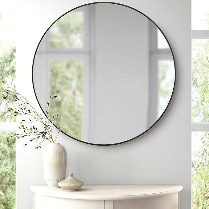 Black Round 36 Inch Mirror,Circle Bathroom Vanity Mirror for Wall,Hanging Modern Tempered Glass Mirror for Entryway or Living Room (36 Inch, Black)