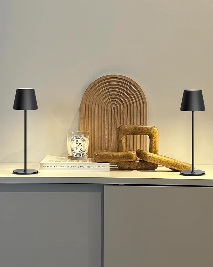 PUSU Cordless Rechargeable Table Lamp Set of 2, 4000mAh Battery Powered LED Desk Lamp, 3 Color Stepless Dimming Up, Portable Table Light Lamp for Bedroom Restaurant Outdoor (Black)