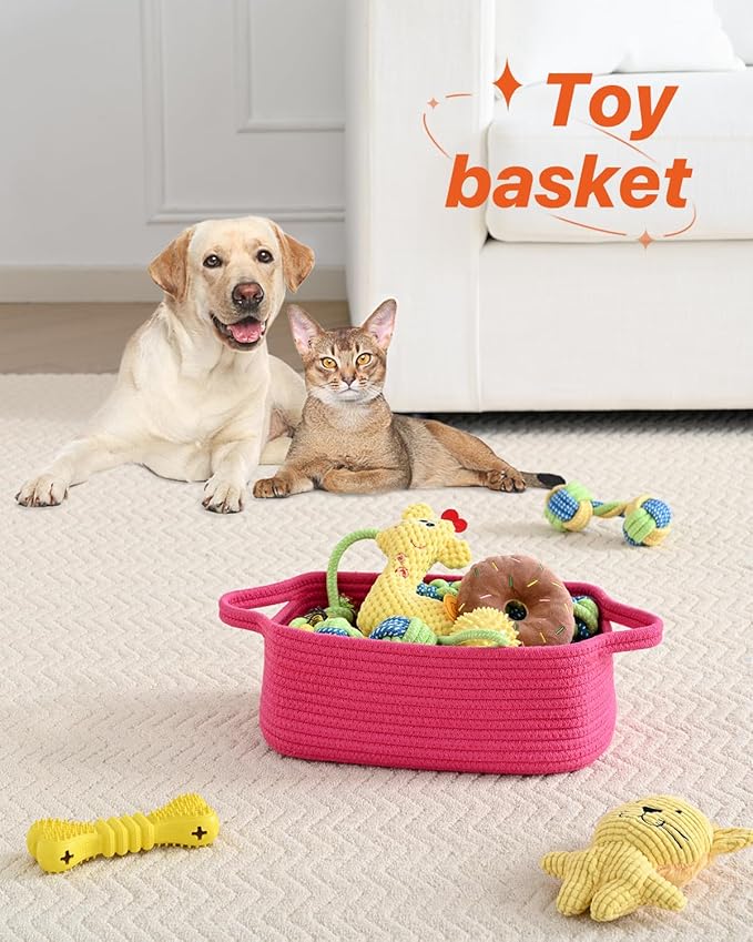 KALLAX Small Woven Basket, 12 x 8 x 4.5 Inches, Small Storage Baskets for Organizing, Gift Baskets Empty, Cute Rope Shelf Closet Storage Bins for Shelves, Dog Toy Basket, 3 Packs, Hot Pink