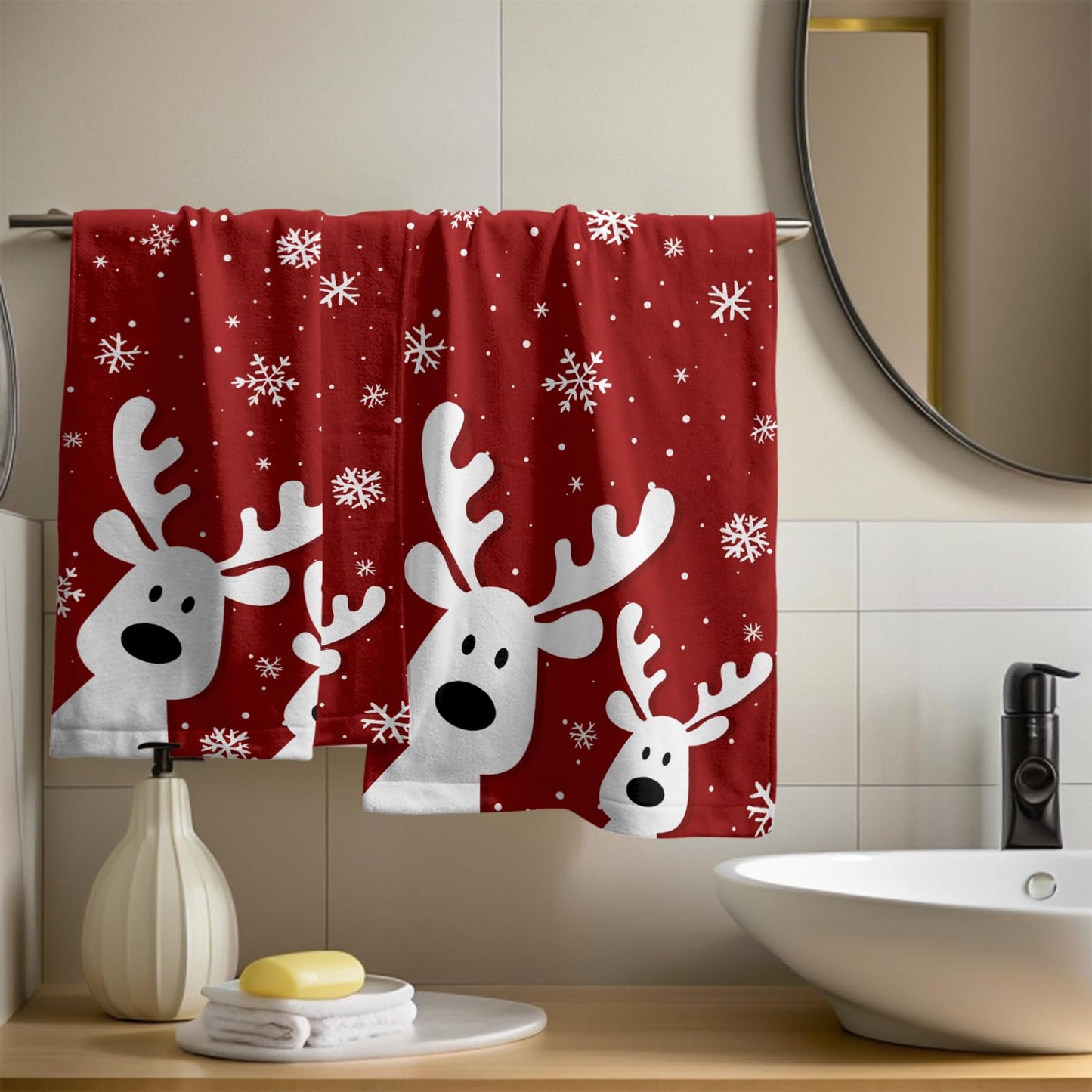 Christmas Reindeer Hand Towels Set of 2, 28x14 Inch Funny Xmas Deer Snowflakes Red Soft Absorbent Tea Towel Washcloths for Kitchen Bathroom Winter Holiday Home Decor and Gifts