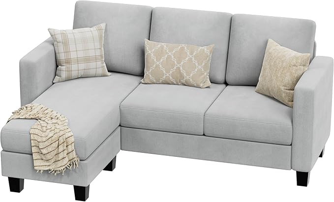 VICTONE Convertible Sectional Sofa Couch, 3 Seat L-Shaped Sofa with Linen Fabric Ottoman Small Couch for Small Apartments, Living Room and Office (Linen Fabric, Light Gray)