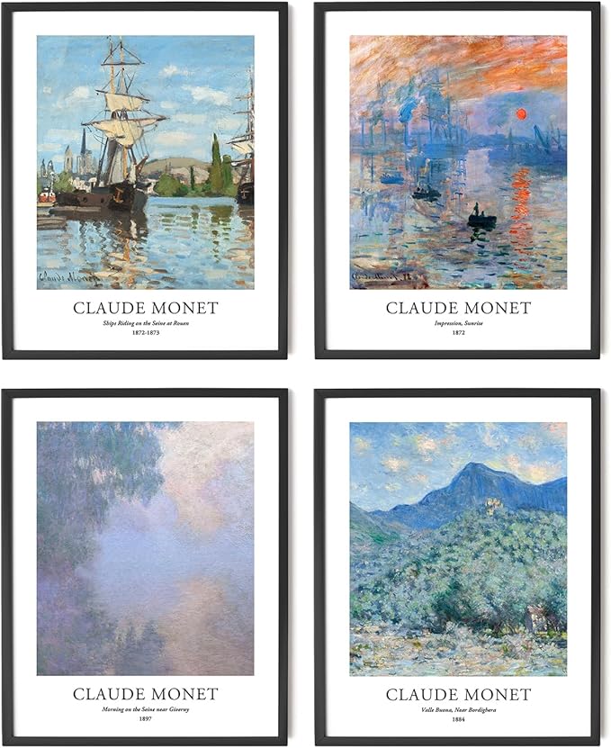 EVOLE HOME Claude Monet Art Prints, Set of 4 Wall Art, Unframed 8x10 Art Prints, Giclée Prints, Impressionism Art Poster for Home Decor, Office Wall Decor, Gift for Men, Women