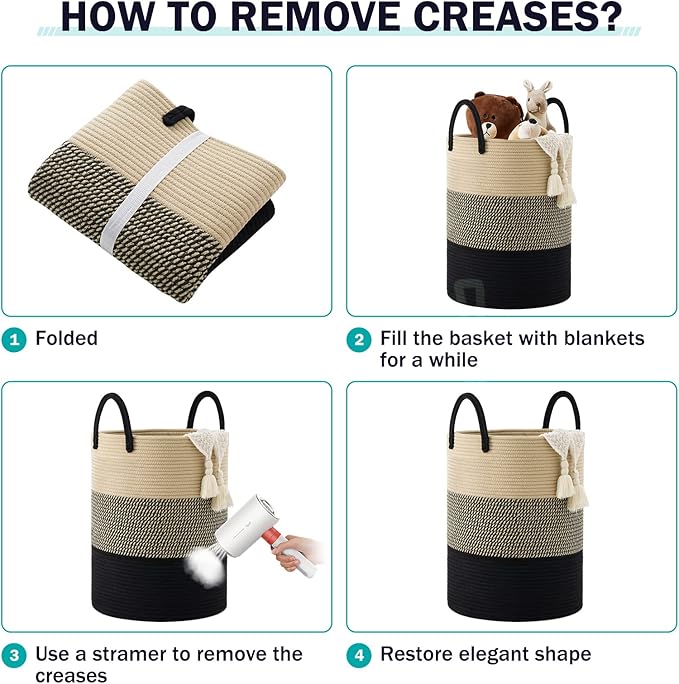 Woven Rope Laundry Hamper Basket, 58L Tall Laundry Basket for Blanket Organizer- Clothes Hamper for Bedroom Storage, Baby Kids Nursery Hamper-Large-Black & Brown