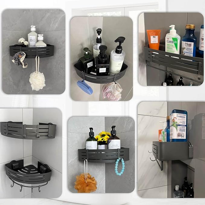 Onemake Shower Caddies Suction Cup, 2-Pack Removable Bathroom Shelf, Shower Organizer with 12 Portable Hooks, Shower Caddy Corner Waterproof Holder with Towel Bar, Gray