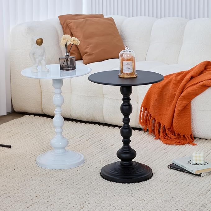 Elegant Vintage Round Side Table with Roman Columns - Sturdy Metal Design, Perfect as a Coffee, End, Tea, or Leisure Table for Living Room and Bedroom Decor, (Black+White 1pack)