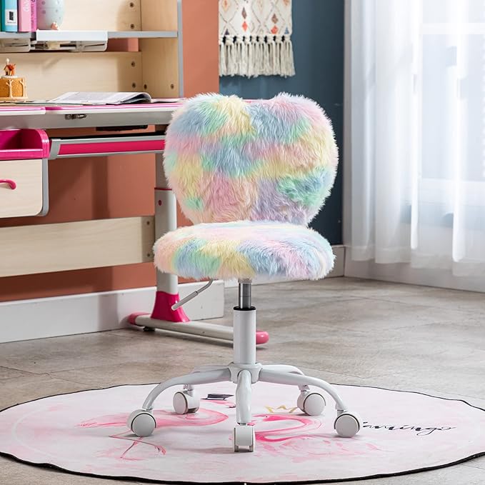 Cute Fuzzy Kids Chair Comfy Study Desk Chair Furry Studing Computer Task Chairs Faux Fur Swivel Vanity Chairs for Girls Bedroom, Multi-Color