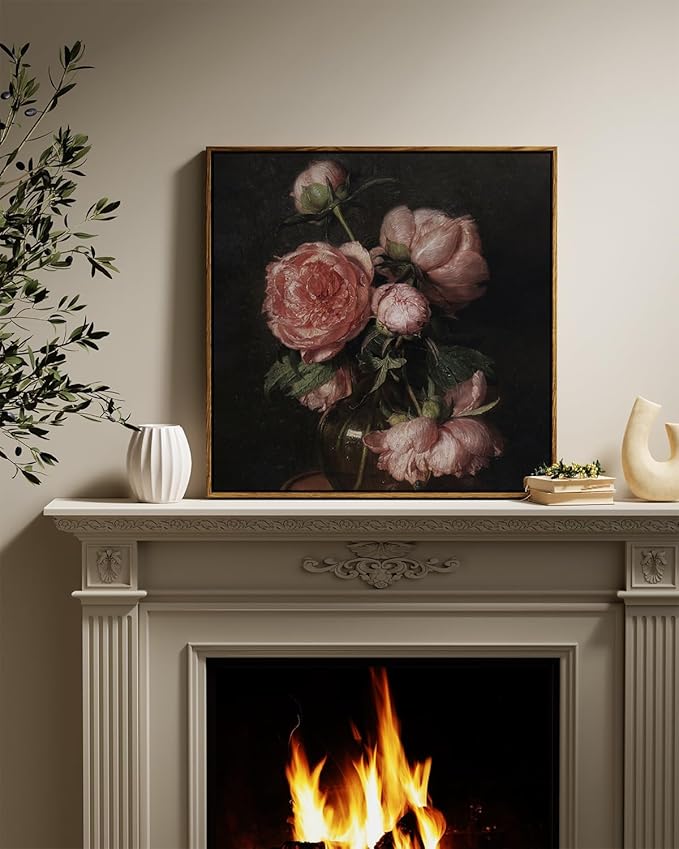 InSimSea Square Framed Canvas Wall Art, Large Decor Vintage Peony Flower Paintings, Floral Wall Pictures for Bedroom Bathroom Living Room, Canvas Prints Artwork, Farmhouse Decor 24"x24"