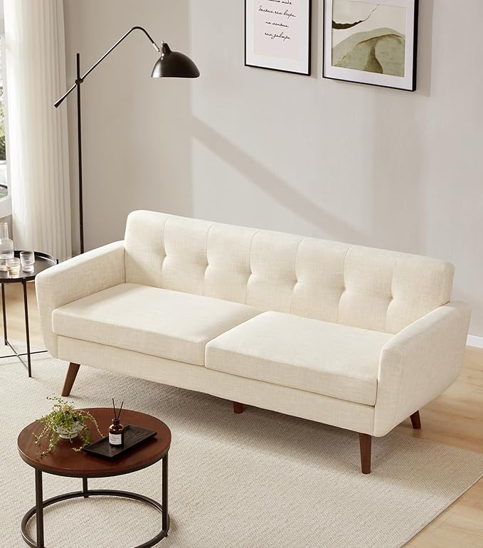 Tbfit 77.2" W Linen Sofa Couch, Mid Century Modern Decor Loveseat Couches for Living Room, Button Tufted Upholstered Small Couch for Bedroom, Solid, and Easy to Install Love Seats Furniture, Beige