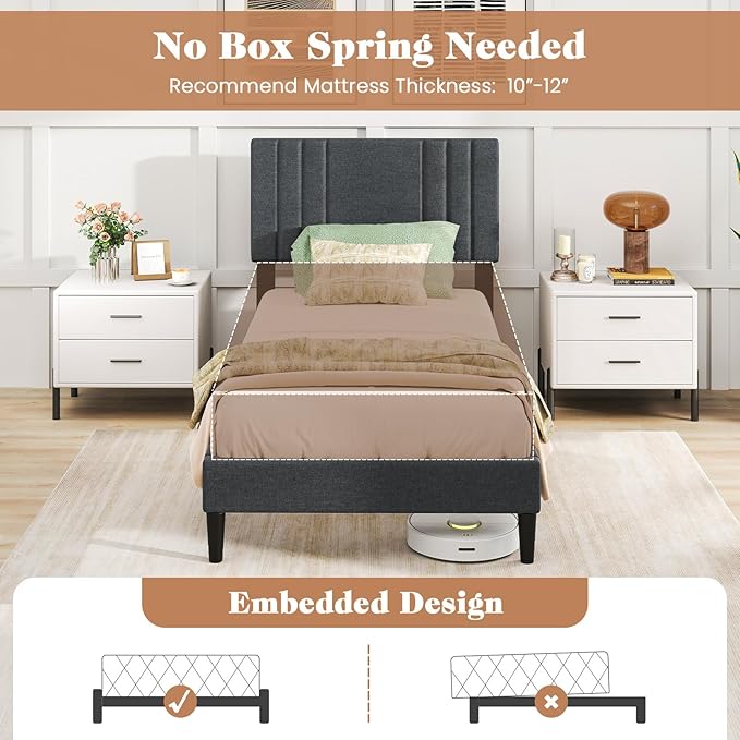 Giantex Twin Bed Frames with Headboard, Modern Upholstered Platform Bed Frame with Vertical Channel Tufted Headboard, Wooden Slats Support, No Box Spring Needed, Gray