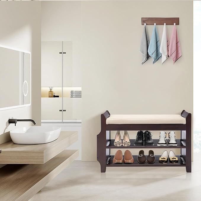 Bamboo Shoe Storage Bench, 3-Tier Shoe Rack with Padded Seat Cushion, Shoe Organizer Shelves for Entryway, Living Room, Bedroom, Hallway, White 31”