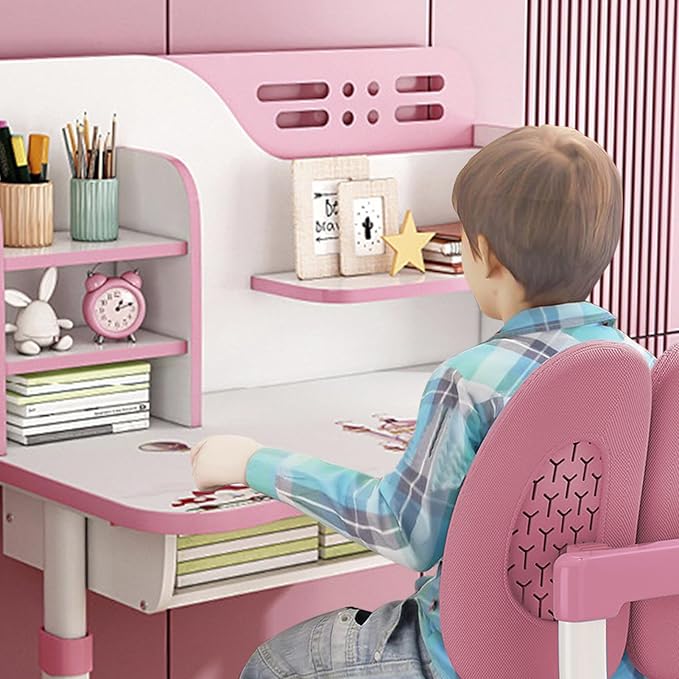 Study Desk with Chair, Height Adjustable Kids Desk and Chair Set, Widened Children Desktop, Children Learning Desk and Chai Set with Spacious Storage Drawer, Pink Desk Chair for Girls (Pink-C)