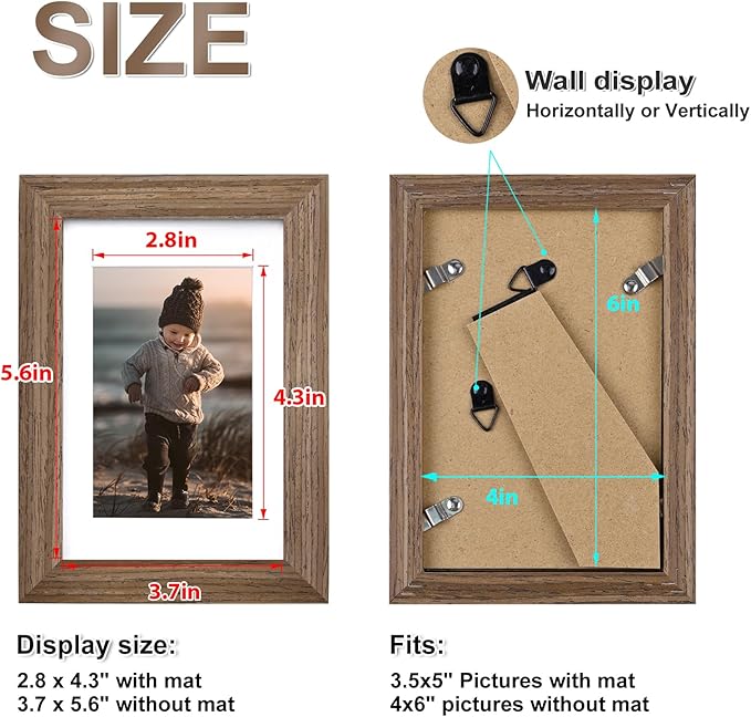 KINLINK 4x6 Picture Frames Rustic brown, Solid Wood Frames with Acrylic Plexiglass for 3.5x5 with Mat or 4x6 without Mat, Tabletop and Wall Display Photo Frame, Set of 4