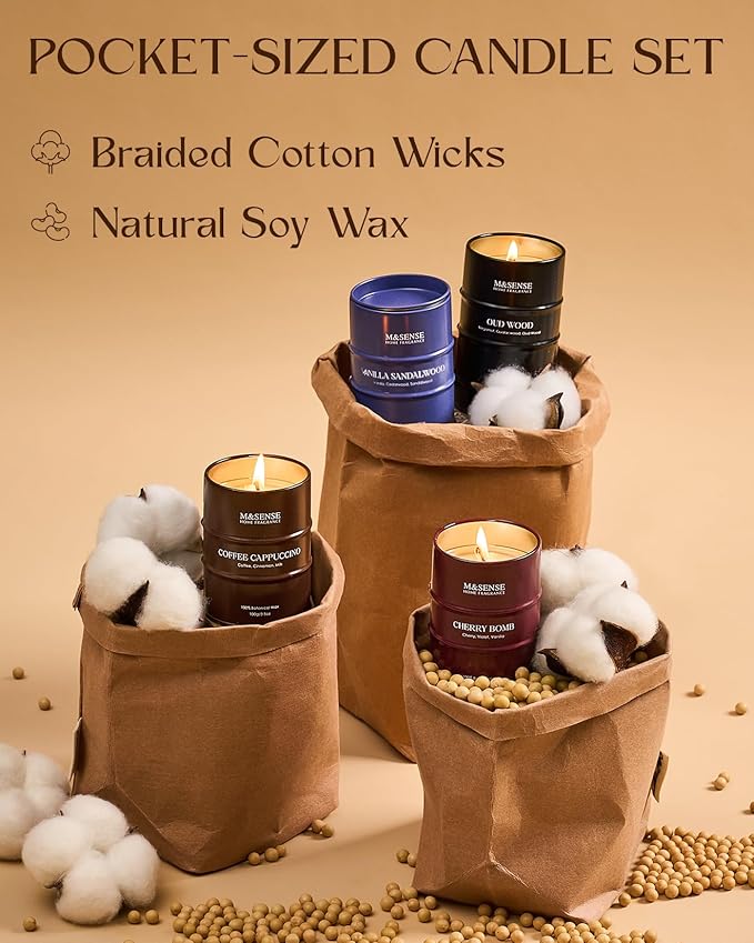 Mini Candle Set | Scented Candles Gift Set | 4 Pack Candles for Home Scented Candle,Cherry Vanilla Oud Sandalwood Coffee Candle,Gift Set for Women and Men,Soy Wax 14 oz 86 Hour
