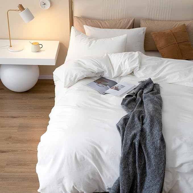 JIYUAN 100% Washed Cotton Duvet Cover Set 3 Pieces Super Queen, 1 Duvet Cover 90x98 Inches(Comforter Not Included) and 2 Pillowcases,Linen Feel Bedding Set Comfy and Breathable,Off White