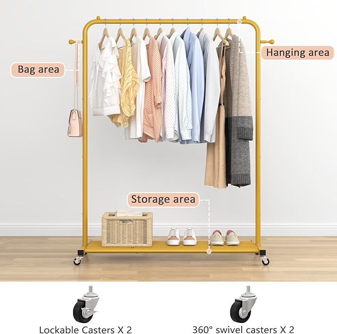 Sywhitta Clothes Rack on wheels, Clothing Rack with Bottom Mesh Storage Shelf,Sturdy Metal Frame,Rolling Garment Rack for Hanging Clothes,Coats,Skirts,39.76" L x 16" W x 64.56" H,Golden