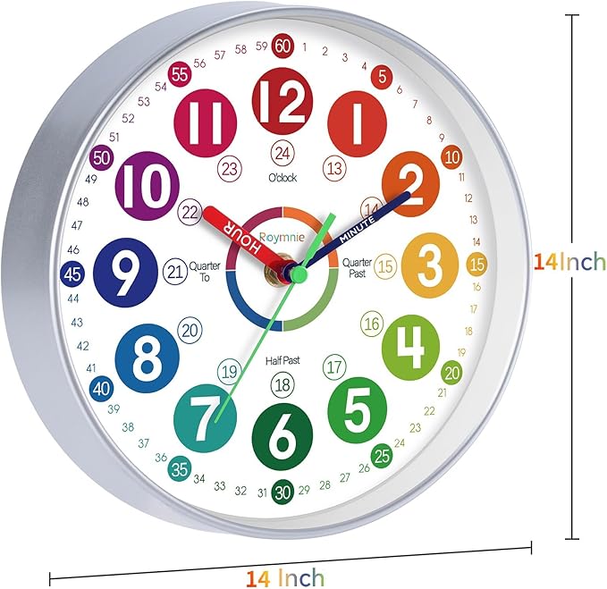 Learning Clock for Kids 14 Inch Large Learning to Tell Time Easily Colorful Teaching Time Clock Silent Non Ticking Battery Operated Decorative for Kids Room Classroom School Bedroom