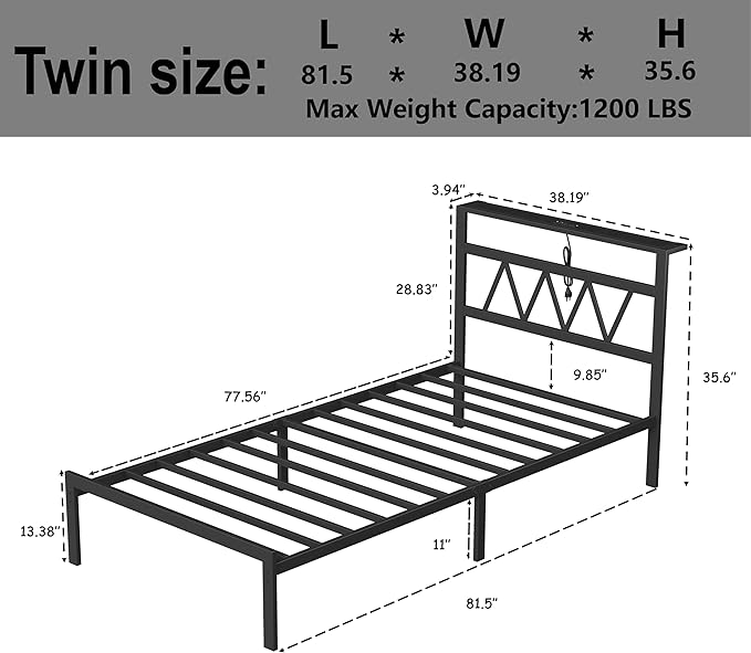 Full Bed Frame with Smart LED Lights, Storage Headboard and USB Charging Station,Heavy Duty Wooden Slats, No Box Spring Needed, Noise Free, Easy Assembly (Classic Black, Twin)