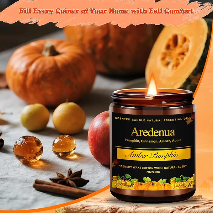 Fall Candle - Amber Pumpkin Candle | Autumn Scented Candles for Home, 7oz Pumpkin Soy Candles for Home Scented, 50 Hours Burn Time, Harvest Holiday/Halloween/Thanksgiving Fall Gifts for Women Men