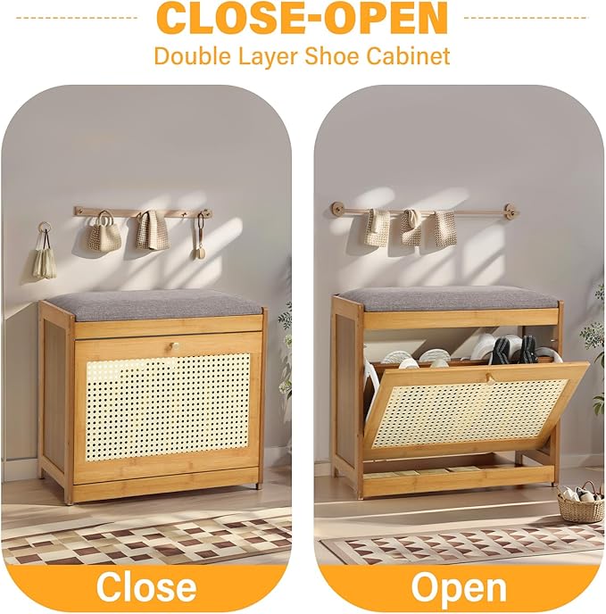 Rattan Small Entryway Bench with 2 Tie Flip Drawers Narrow Shoe Rack Bench for Wooden Shoe Organizer for Entryway Hallway Living Room Hallway Closet Rustic Oak Rattan, Suitable for US10 and Under