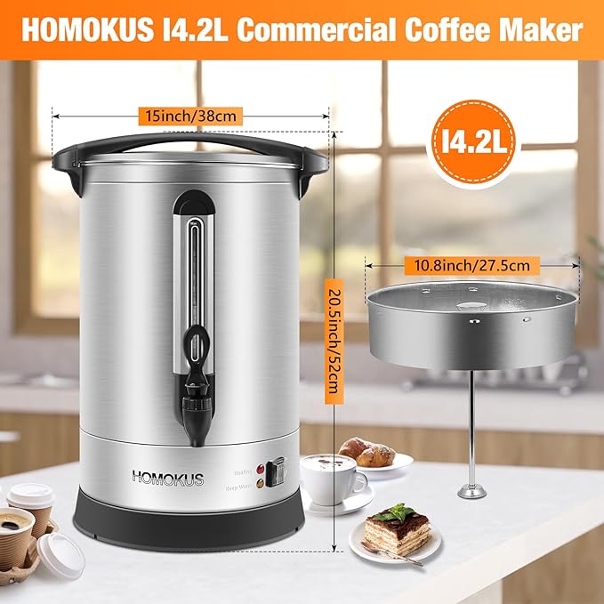 HOMOKUS Commercial Coffee Urn,14.2L Large Coffee Maker,100 Cup Double Wall Stainless Steel Coffee Dispenser,1500W Quick Brew Electric Coffee Percolator with Upgraded Internal Stage for Gathering