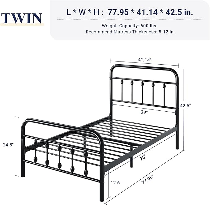 Allewie 14 Inches Twin Size Metal Platform Bed Frame with Victorian Style Iron-Art Headboard/Footboard, Mattress Foundation, Easy Assembly, Under Bed Storage, No Box Spring Required, Black