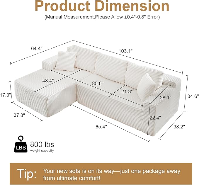 105''Sectional Cloud Couch with L Shaped Chaise,Modern Modular Sectional Sofa,Comfy Sectional Couches for Living Room,Bedroom,Apartment (White, Left Facing Chaise)