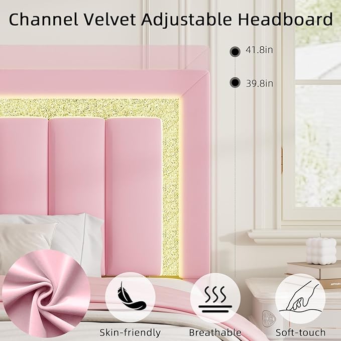 HOMBCK Queen Bed Frame with LED Lights and Velvet Upholstered Headboard, Bed Frame Queen Size with Modern Diamond Headboard Adjustable, Wooden Slats Support, Noise Free, No Box Spring Needed, Pink
