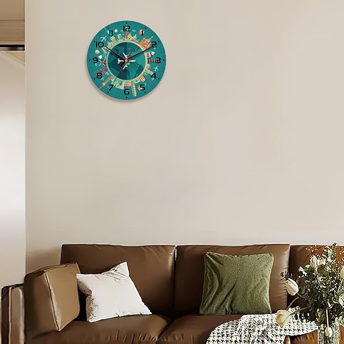 Wall Clock,Landmarks Wooden Art Hanging Clocks Silent Non-Ticking Wall Clock Battery Operated Round Home Arabic Numeral Decorative Wall Clocks 10 Inch