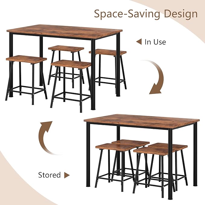 VECELO Kitchen Table and Chairs for 4, Dining Room Set with Chairs/Stools, Heavy-Duty Metal Frame with Wooden Tabletop for Small Spaces, Easy Assembly, Antique Brown