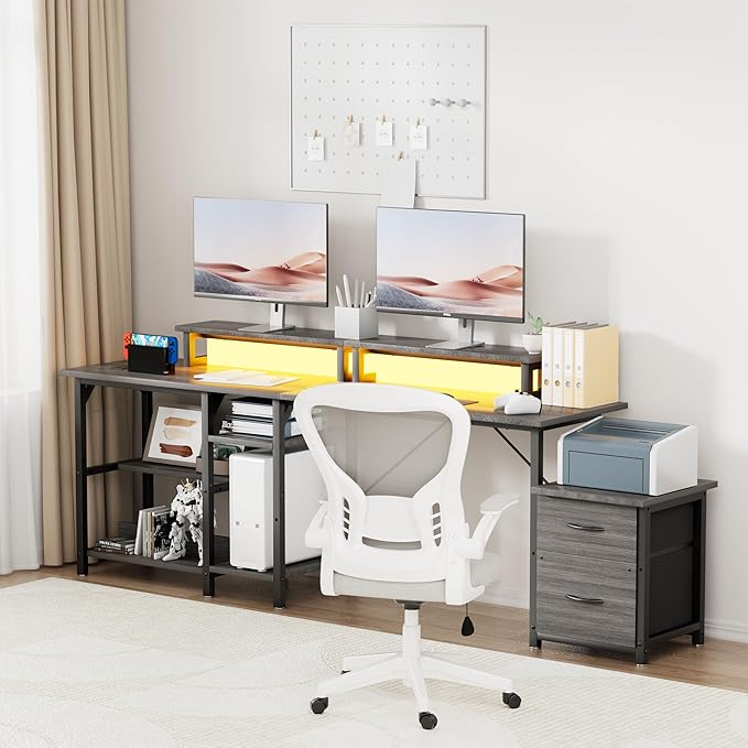 67'' L Shaped Computer Desk with Power Outlet, Large Reversible Computer Gaming Desk, Home Office Desks with File Drawers & Shelves, All White