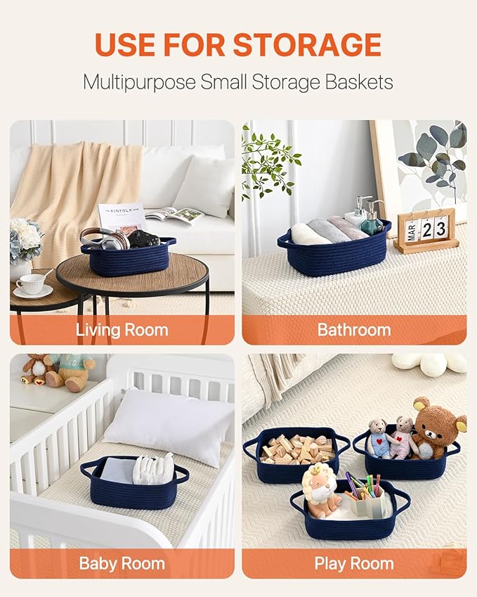 KALLAX Small Woven Basket, 12 x 8 x 4.5 Inches, Small Storage Baskets for Organizing, Gift Baskets Empty, Cute Rope Shelf Closet Storage Bins for Shelves, Dog Toy Basket, 3 Packs, Navy Blue