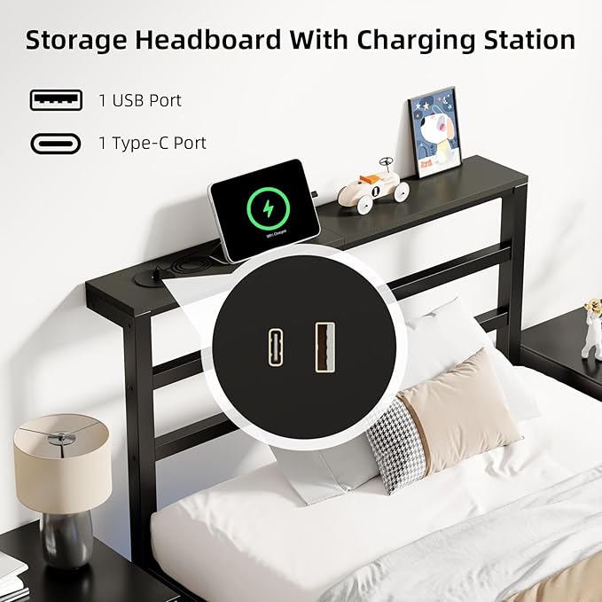Twin Size Bed Frame with LED Lights, Metal Platform Bed Frame with Storage Headboard, Modern Bed Frame with Charging Station, Heavy Duty Metal Slat, No Box Spring Needed, Easy Assembly, Black