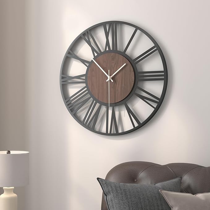 16 inch Wall Clock Battery Operated, Modern Wood Decorative Metal Wall Clock for Living Room, Non Ticking Silent Big Round Black Clocks, Bedroom, Kitchen, Farmhouse, Office Decor-Roman Numerals