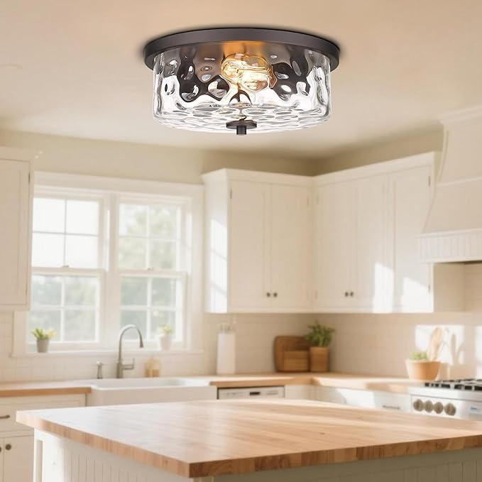 Indoor Flush Mount Lights, 2-Light Interior Hammered Glass Ceiling Fixture, Antique Bronze for Hallway, Dining Room, Kitchen