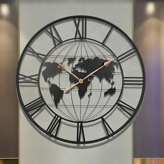 36 Inch Extra Large World Map Wall Clock,Metal Minimalist Modern Silent Non-Ticking Battery Operated Round Clock for Living Room, Bedroom, Office, Kitchen, Black Roman Numerals