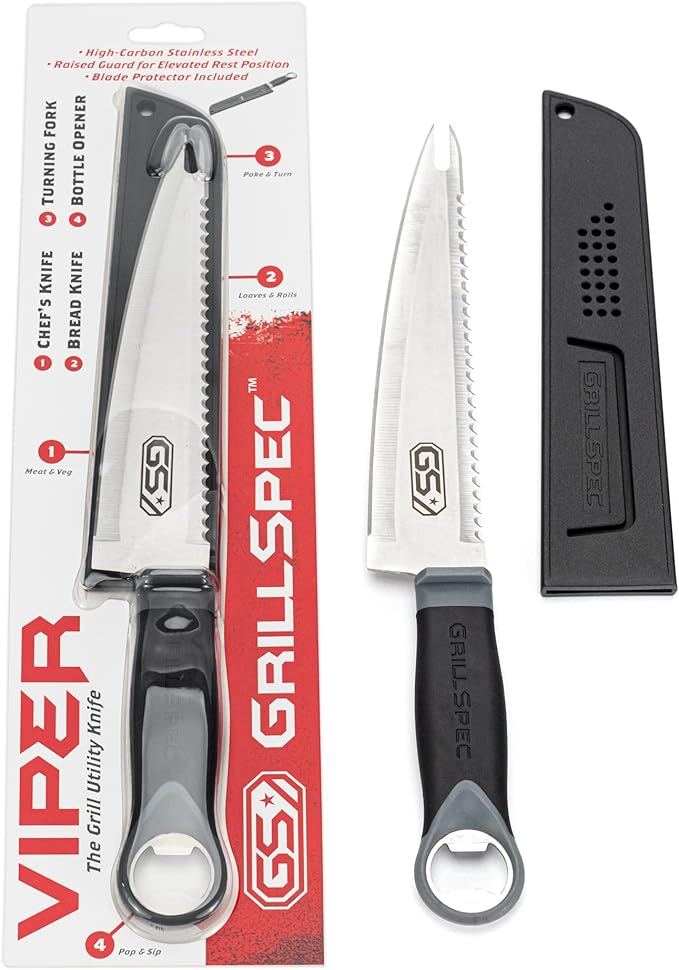 VIPER Grill Utility Knife - 8 inch High Carbon Stainless Steel Chef Knife Bread Knife Meat Turner Bottle Opener with Sheath Grilling Gifts for Dad Men