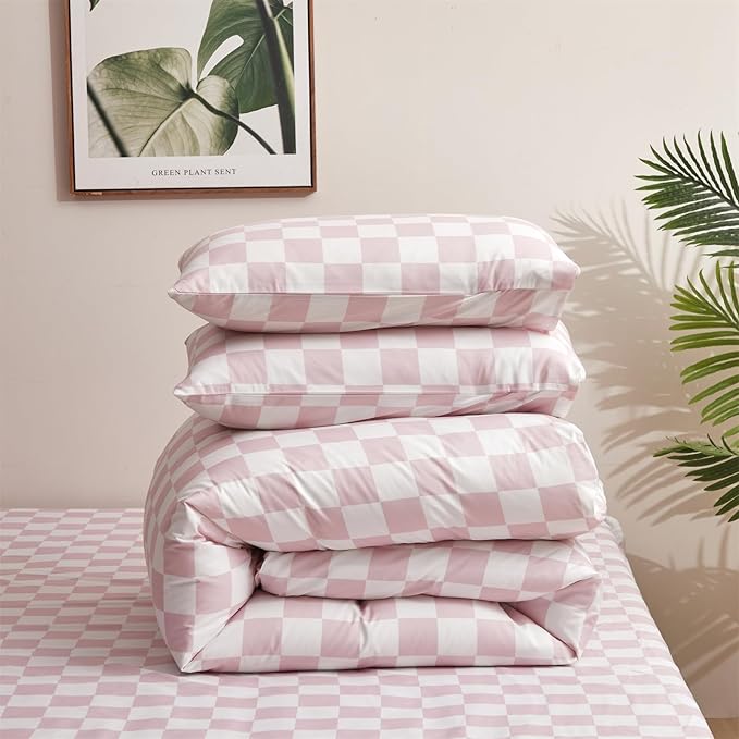 Pink and White Checkered Comforter Set Full Comforter Set 3 Piece Bedding Set with Lightweight Comforter and 2 Pillowcases Soft Microfiber All-Season