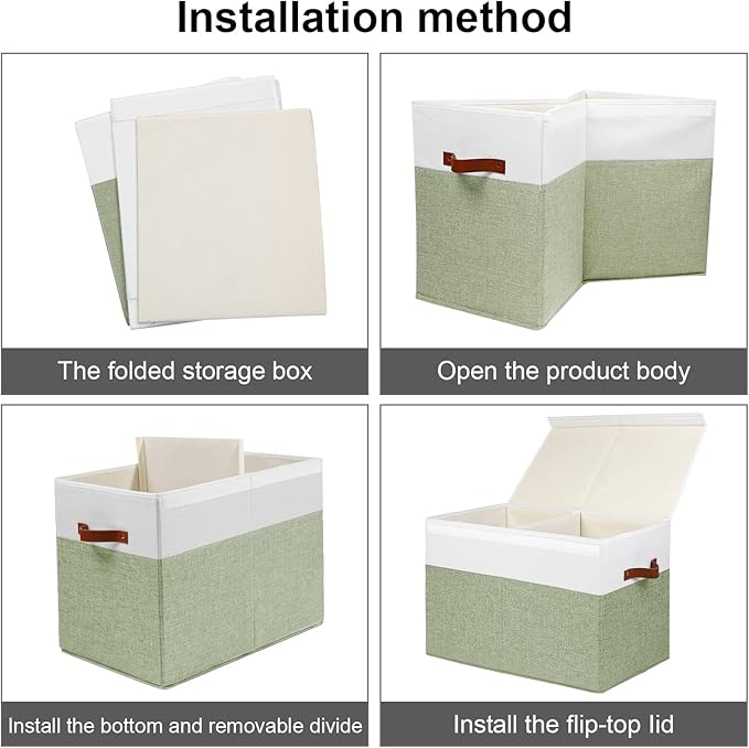 Large Toy Storage Box with Lid, Sturdy Toys Storage Chest Bin Organizer Basket with Dividers for Kids, Boys, Girls, Nursery, Closet, Bedroom, Playroom 25"x13" x16" (Green and White)