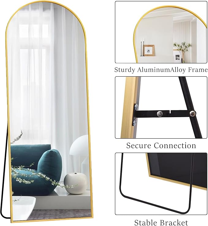 OGCAU Full Length Mirror, 70"x26" Arched Full Body Floor Mirror with Stand, Hanging or Leaning, Standing, Wall Mounted with Aluminum Frame for Bedroom Living Room (Gold)