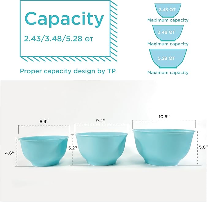 TP Large Mixing Bowl Set with Lids, Melamine Nesting Bowls Set for Pasta Baking Salad Mixing, Set of 3, Glossy Turquoise